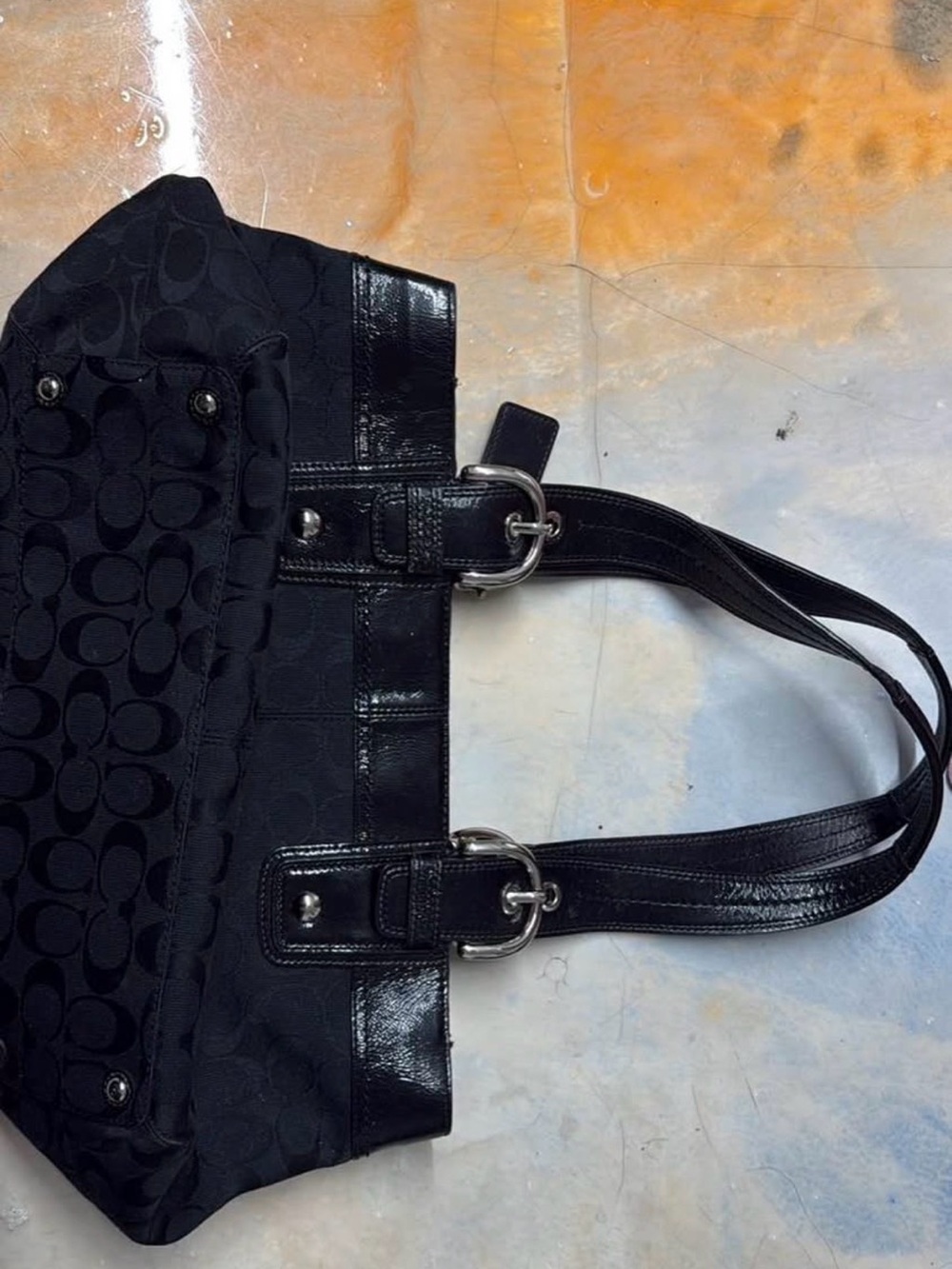Coach Black Signature Shoulder Bag with Leather Trim